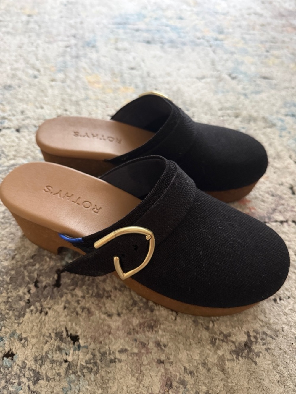 Rothy's Black Clog Mule with Gold Buckle Accent size 6.5 Like New